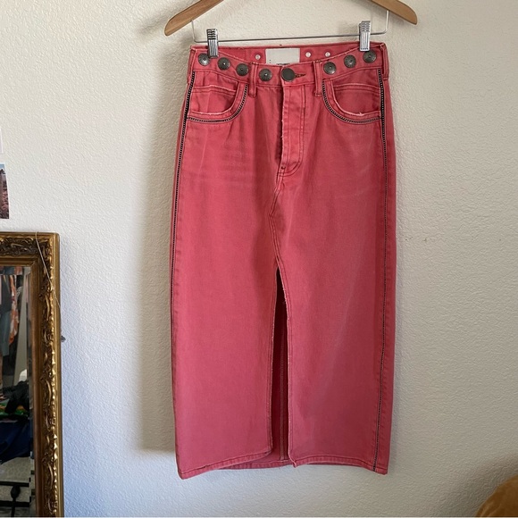 One Teaspoon Rocko Coral Studded Midi Denim Jean Skirt Front Slit Boho Western